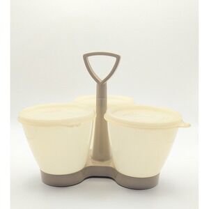 Tupperware Vtg Condiment Caddy 757-4 Cream Tan 3 Container Set with Lids USA